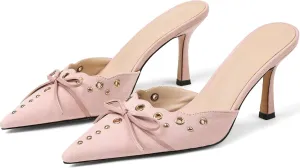 Mules for Women Black Kitten Heels Suede Closed Pointed Toe Kitten Pumps Slip On Bow Shoes Dress Sandals