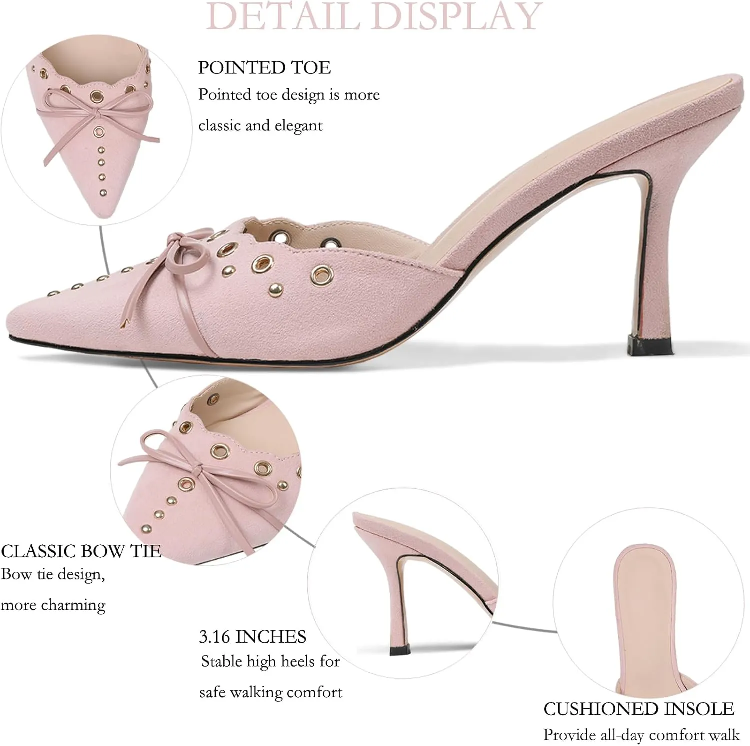 Mules for Women Black Kitten Heels Suede Closed Pointed Toe Kitten Pumps Slip On Bow Shoes Dress Sandals