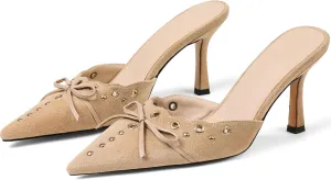 Mules for Women Black Kitten Heels Suede Closed Pointed Toe Kitten Pumps Slip On Bow Shoes Dress Sandals