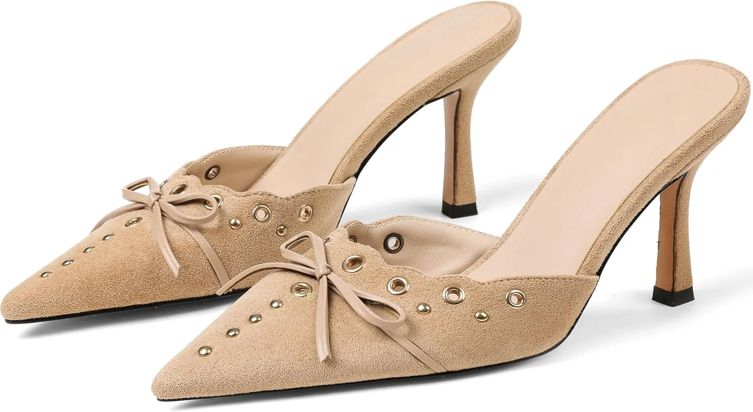 Mules for Women Black Kitten Heels Suede Closed Pointed Toe Kitten Pumps Slip On Bow Shoes Dress Sandals