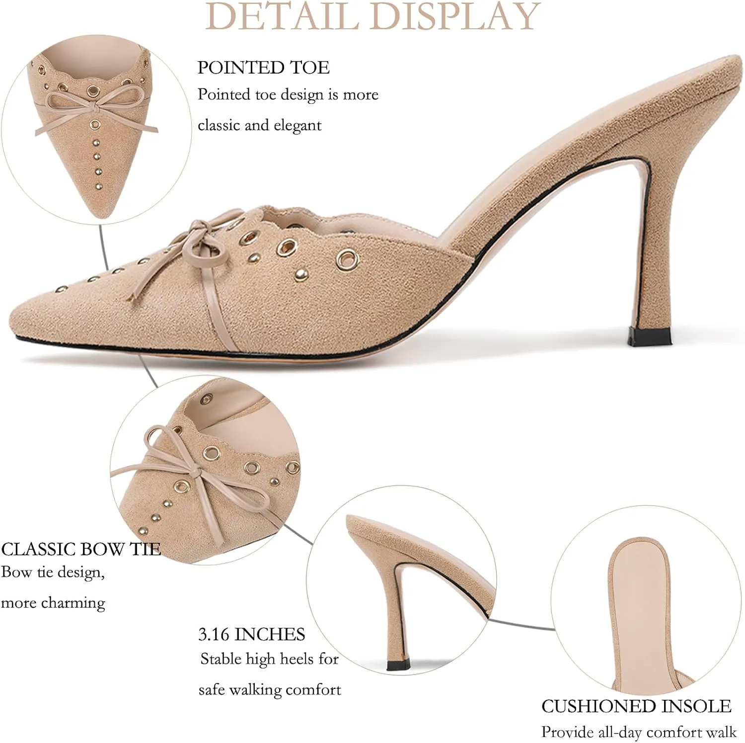 Mules for Women Black Kitten Heels Suede Closed Pointed Toe Kitten Pumps Slip On Bow Shoes Dress Sandals