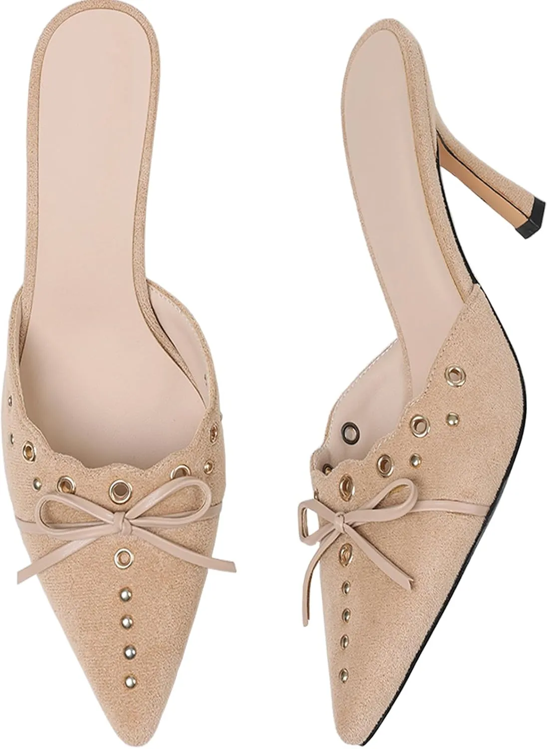Mules for Women Black Kitten Heels Suede Closed Pointed Toe Kitten Pumps Slip On Bow Shoes Dress Sandals