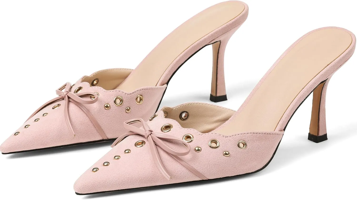Mules for Women Black Kitten Heels Suede Closed Pointed Toe Kitten Pumps Slip On Bow Shoes Dress Sandals