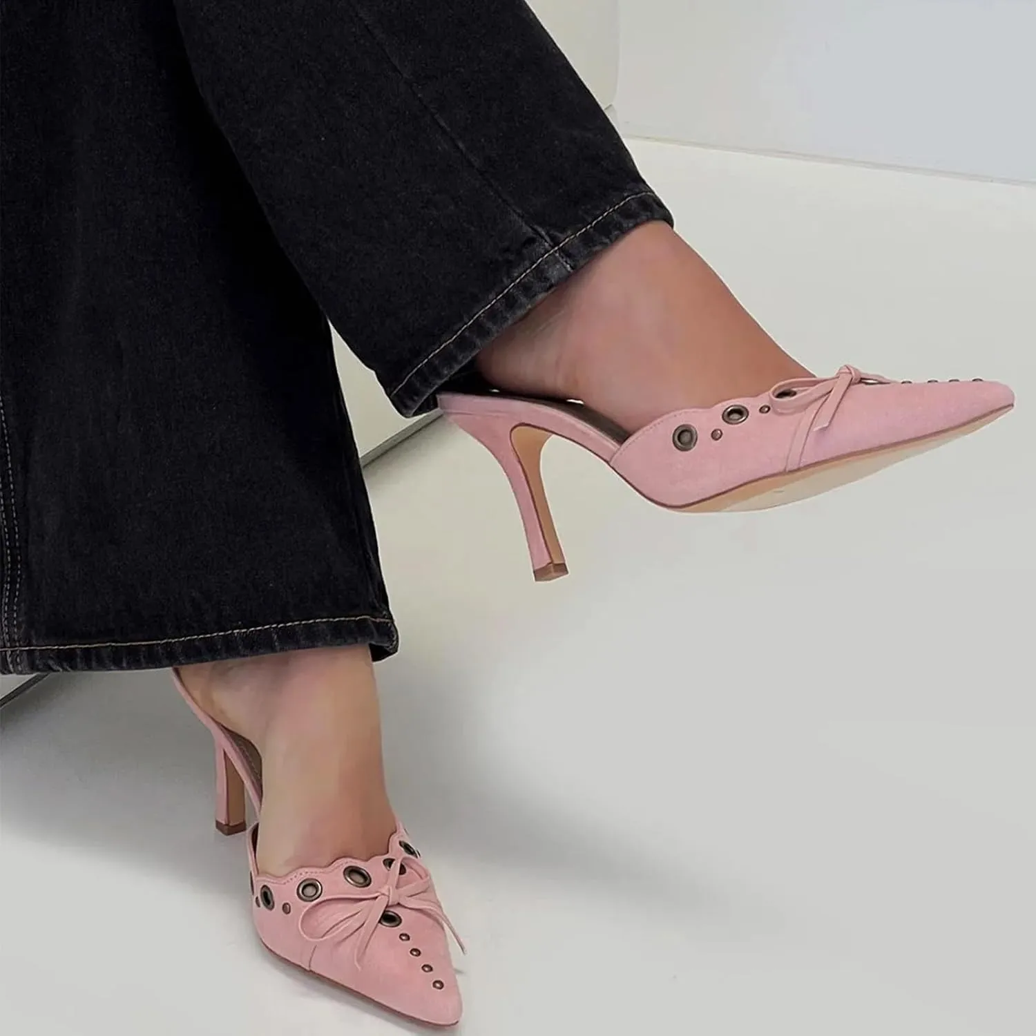 Mules for Women Black Kitten Heels Suede Closed Pointed Toe Kitten Pumps Slip On Bow Shoes Dress Sandals