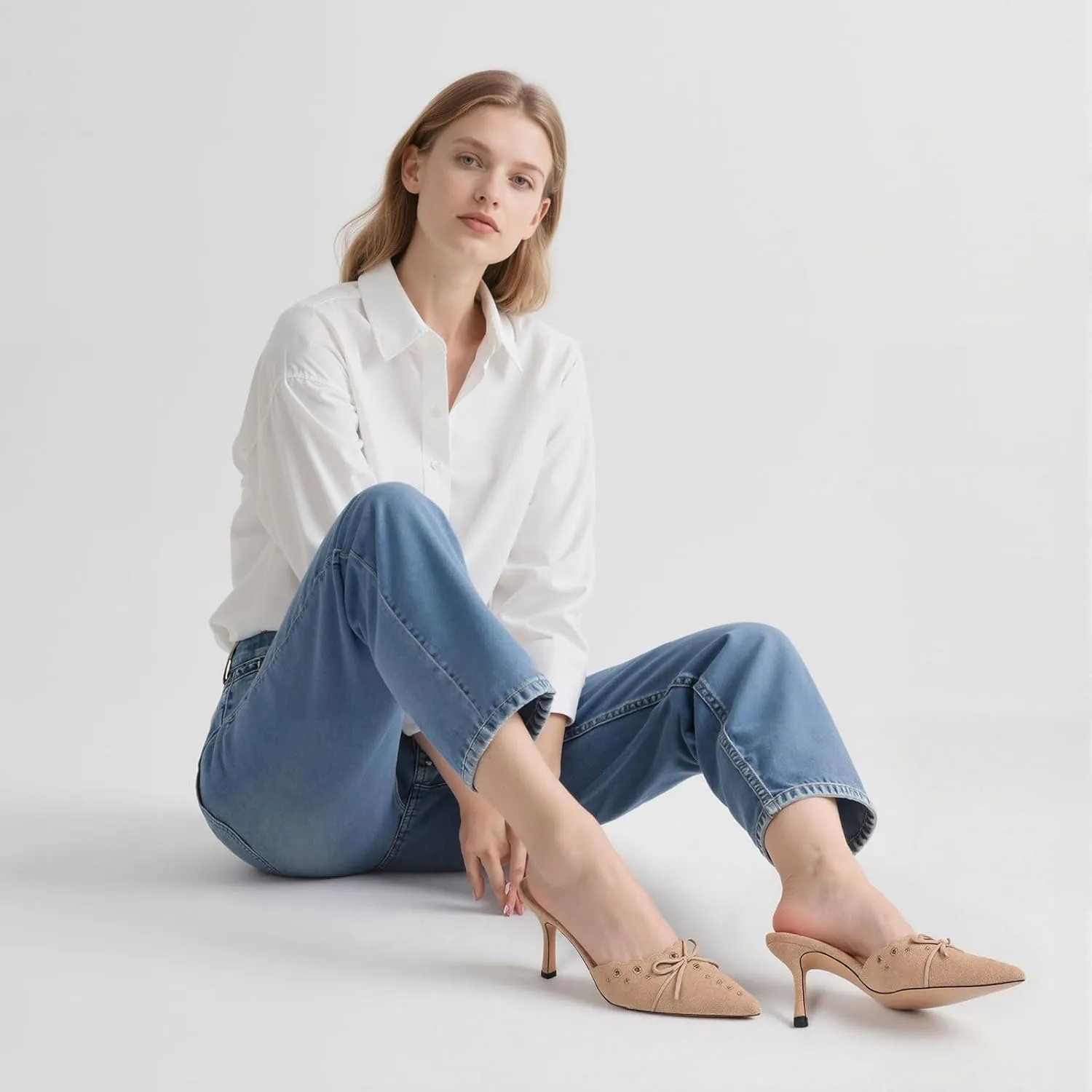 Mules for Women Black Kitten Heels Suede Closed Pointed Toe Kitten Pumps Slip On Bow Shoes Dress Sandals