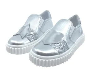 Naturino Girl's & Boy's Silver Metallic Leather with Glitter Decal Detail Slip On Low Top Casual Sneaker Shoe