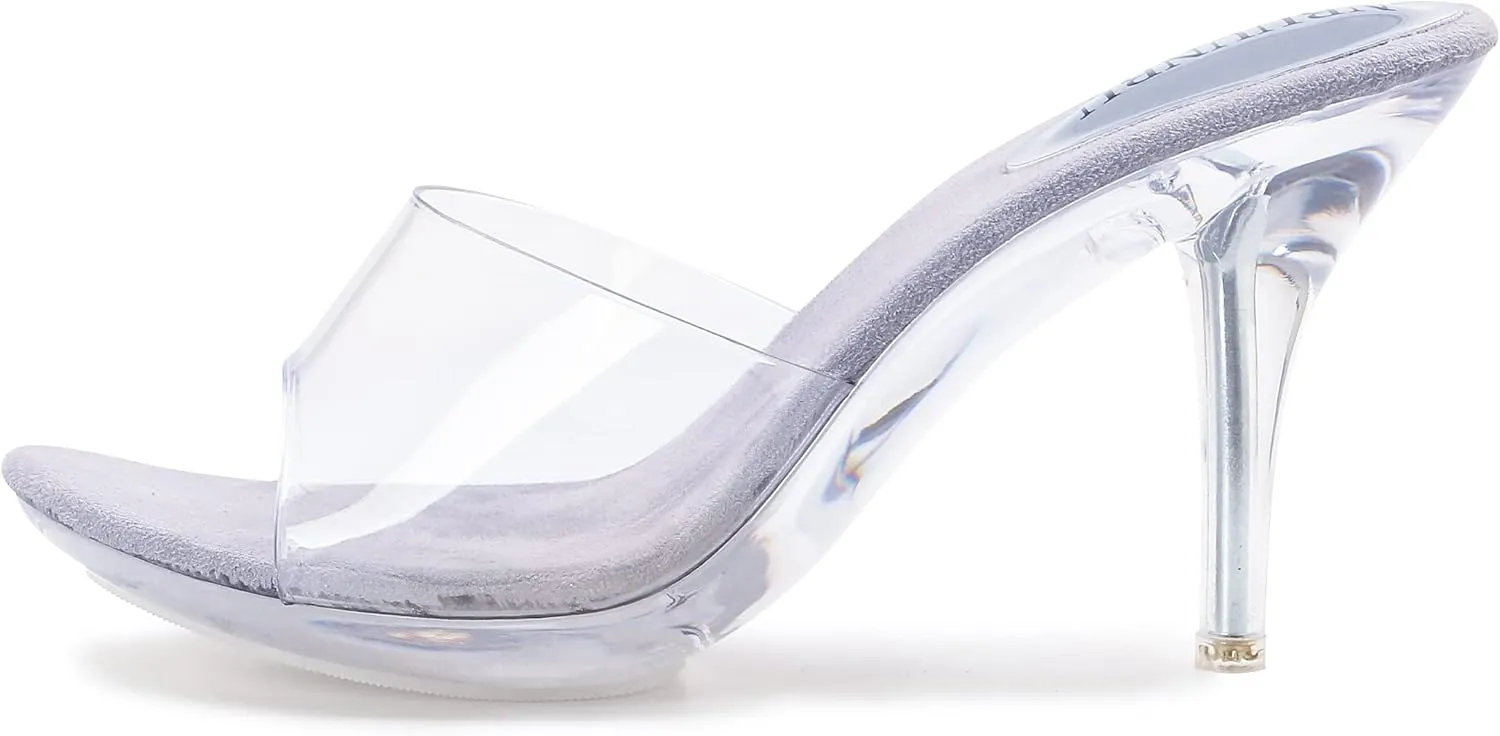NBUUNBU Silver Clear Heels For Women Dress Shoes Transparent Strap Sexy Stilletos Heels Open Toe High Silver Heeled Sandals Pump Mules