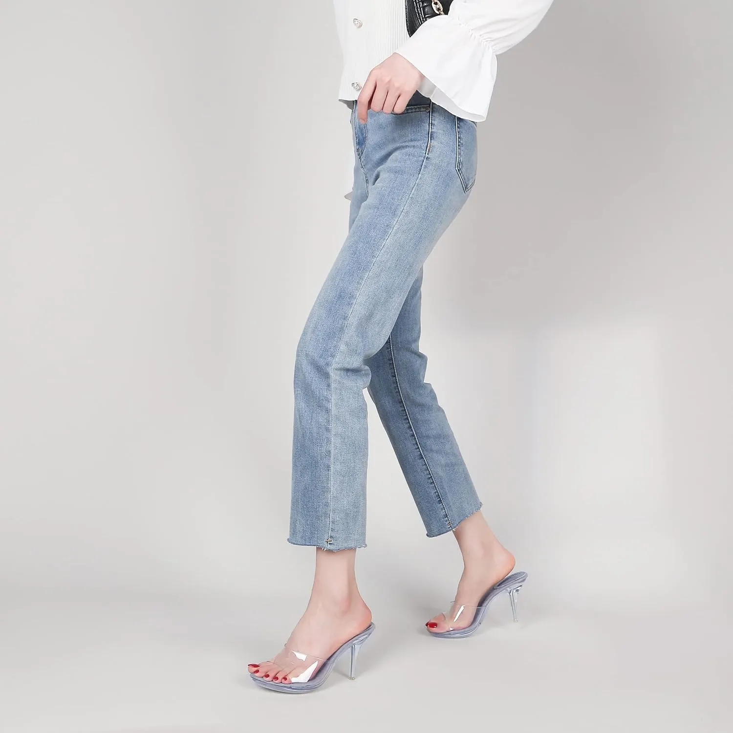 NBUUNBU Silver Clear Heels For Women Dress Shoes Transparent Strap Sexy Stilletos Heels Open Toe High Silver Heeled Sandals Pump Mules