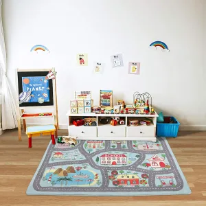 Non-Slip Kids Playmat Rug for Playroom, 3'x 5' Blue Washable Children's Educational Rugs, Learning & Have Fun Safely City Life Road Traffic Play Mat Carpet for Baby Room Bedroom
