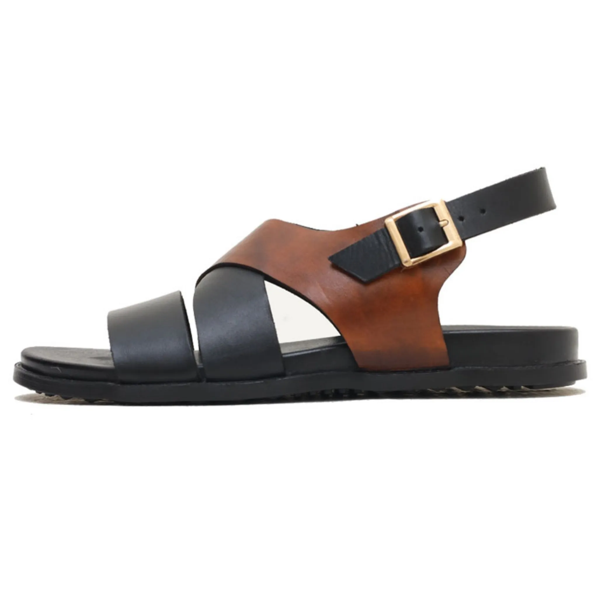 OK-2011 Black Cross Strap Leather Sandal