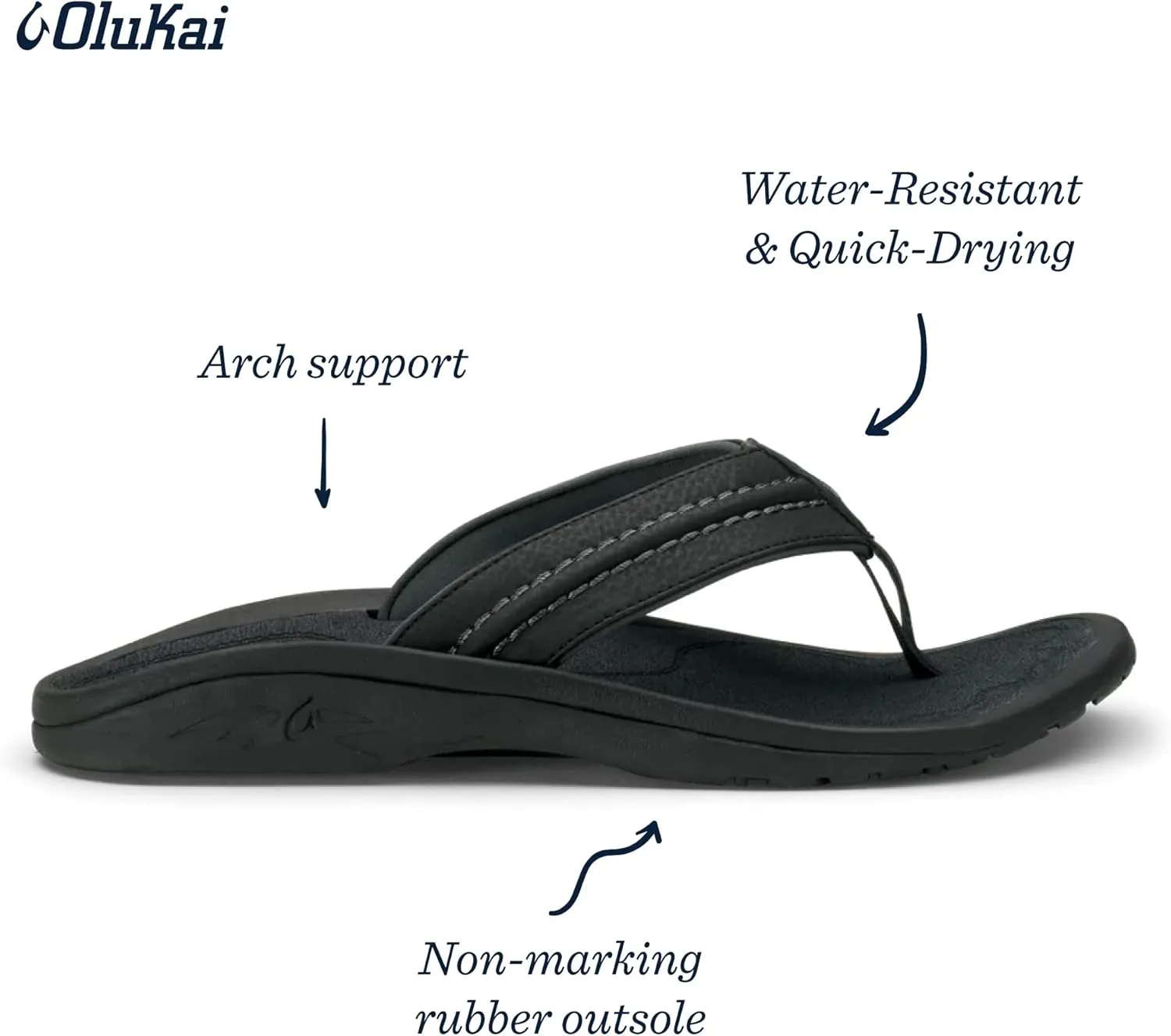 OLUKAI Hokua Men's Beach Sandals, Quick-Dry Flip-Flop Slides, Water Resistant & Wet Grip Rubber Soles, Compression Molded Footbed & Soft Comfort Fit