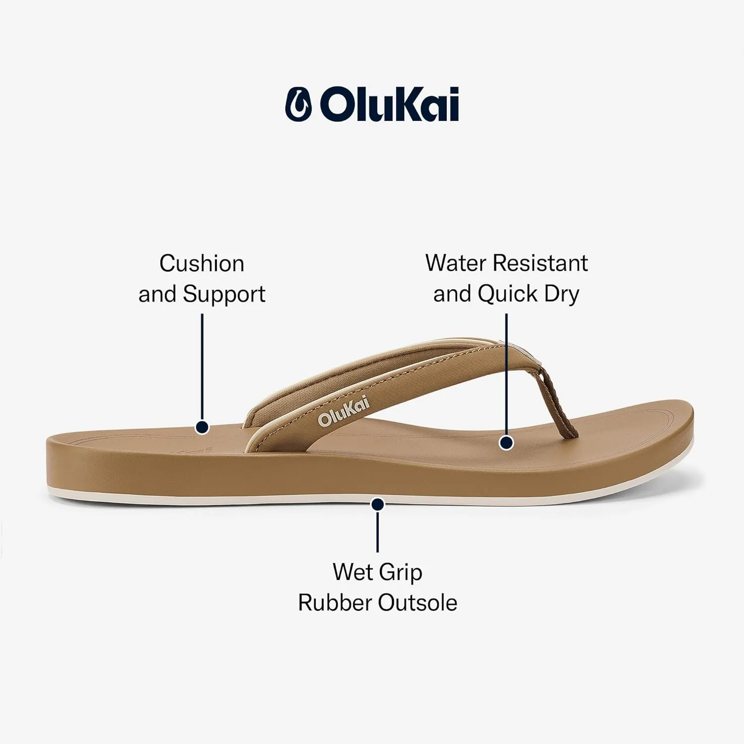 OLUKAI Uiki Women's Beach Sandal, Quick-Dry Flip-Flop Slides, Water Resistant, Wet Grip Soles & Compression Molded Footbed