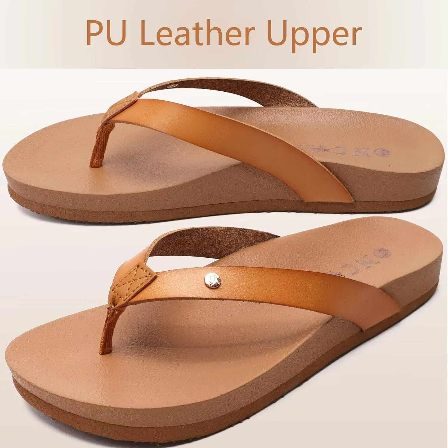 ONCAI Womens Flip Flops For Women Comfortable Leather Strap Yoga Mat Non-Slip Women's Thong Sandal Casual Summer Beach Slippers With Arch Support