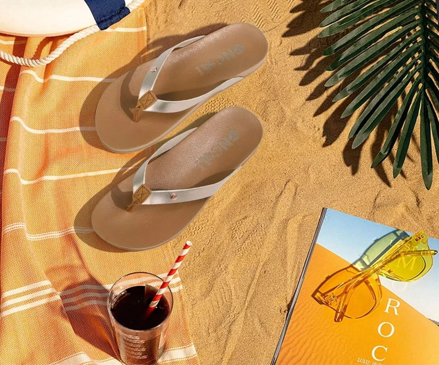 ONCAI Womens Flip Flops For Women Comfortable Leather Strap Yoga Mat Non-Slip Women's Thong Sandal Casual Summer Beach Slippers With Arch Support