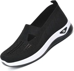Orthowalkway Womens Shoes,Breathable Sneakers Slip On Comfortable Knitted Lightweight Flat Walking Shoes with Soft Cushion