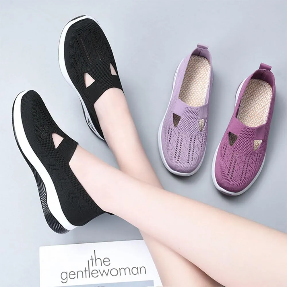 Orthowalkway Womens Shoes,Breathable Sneakers Slip On Comfortable Knitted Lightweight Flat Walking Shoes with Soft Cushion