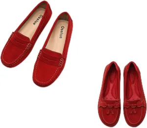 Osslue Women's Suede Leather Casual Penny Loafers, Bundle of 2 Pairs 7 M US