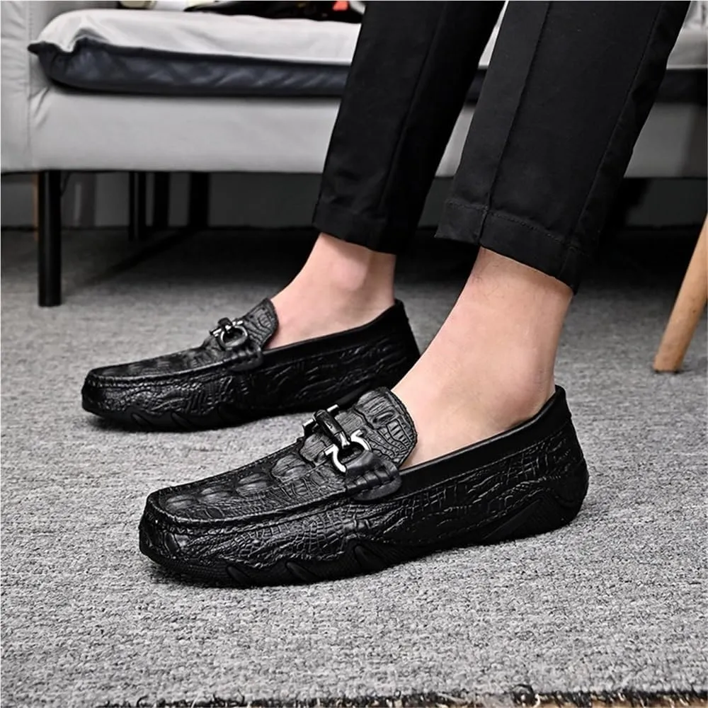 Outdoor Party Slip On Mens Loafers Shoes Moccasins Faux Crocodile Print Round Toe Leather Flat Heel Resistant Flexible