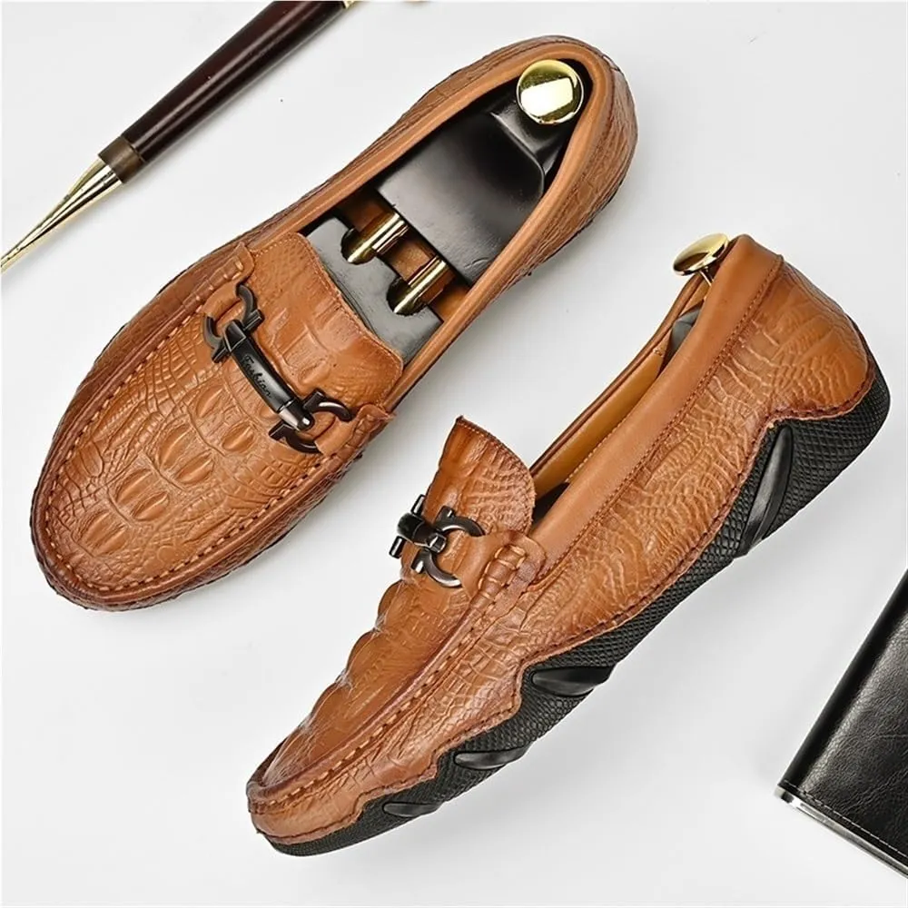 Outdoor Party Slip On Mens Loafers Shoes Moccasins Faux Crocodile Print Round Toe Leather Flat Heel Resistant Flexible