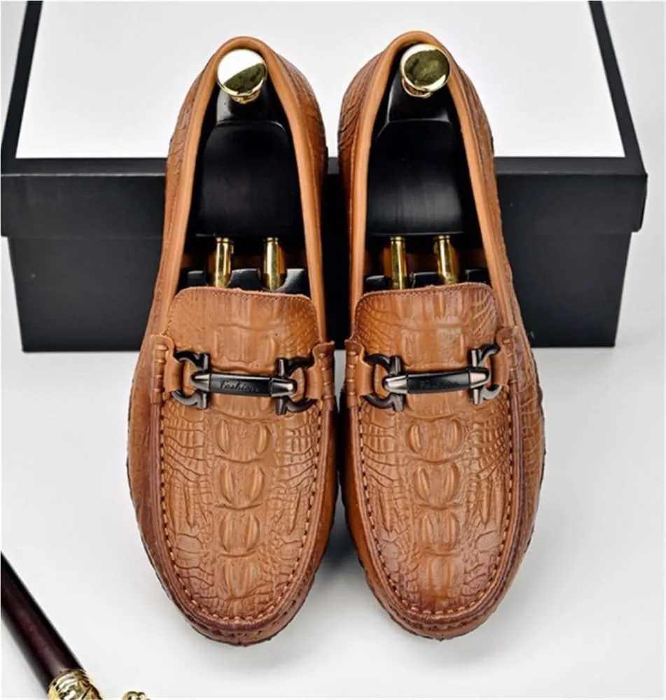 Outdoor Party Slip On Mens Loafers Shoes Moccasins Faux Crocodile Print Round Toe Leather Flat Heel Resistant Flexible