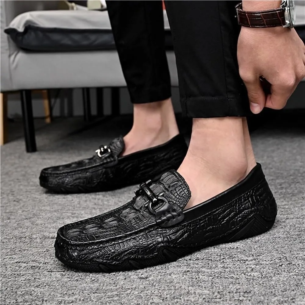Outdoor Party Slip On Mens Loafers Shoes Moccasins Faux Crocodile Print Round Toe Leather Flat Heel Resistant Flexible