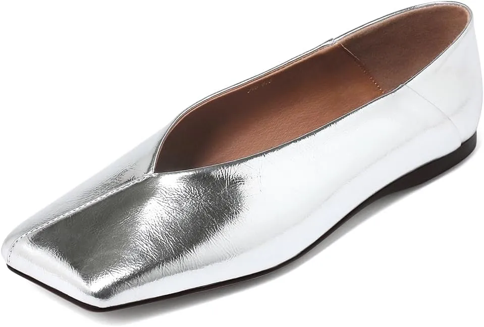 Patent Leather Ballet Flats for Women Fashionable Square Toe Ballet Flats Loafer Shoes for Women Nude Dress Shoes.