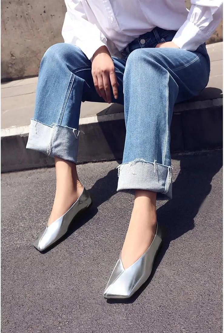 Patent Leather Ballet Flats for Women Fashionable Square Toe Ballet Flats Loafer Shoes for Women Nude Dress Shoes.
