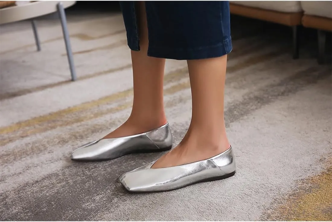 Patent Leather Ballet Flats for Women Fashionable Square Toe Ballet Flats Loafer Shoes for Women Nude Dress Shoes.