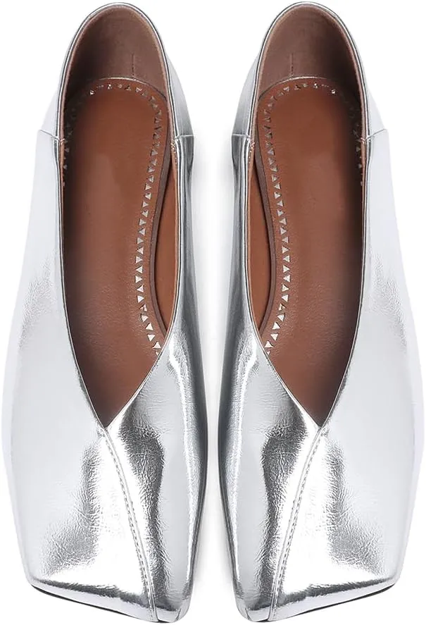 Patent Leather Ballet Flats for Women Fashionable Square Toe Ballet Flats Loafer Shoes for Women Nude Dress Shoes.