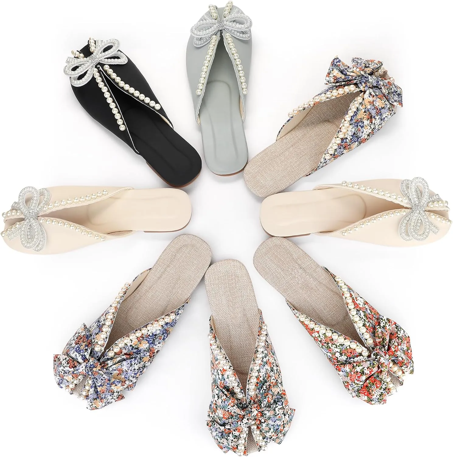 Perphy Floral Printed Peep Toe Slip on Pearl Flat Shoes Slides Mules for Women