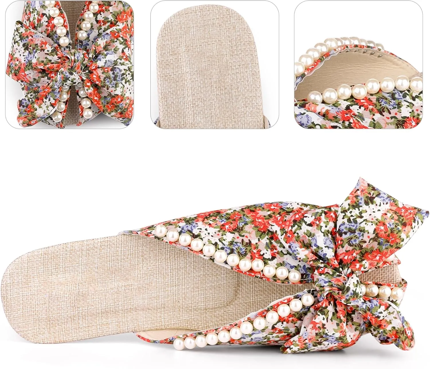 Perphy Floral Printed Peep Toe Slip on Pearl Flat Shoes Slides Mules for Women