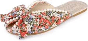 Perphy Floral Printed Peep Toe Slip on Pearl Flat Shoes Slides Mules for Women
