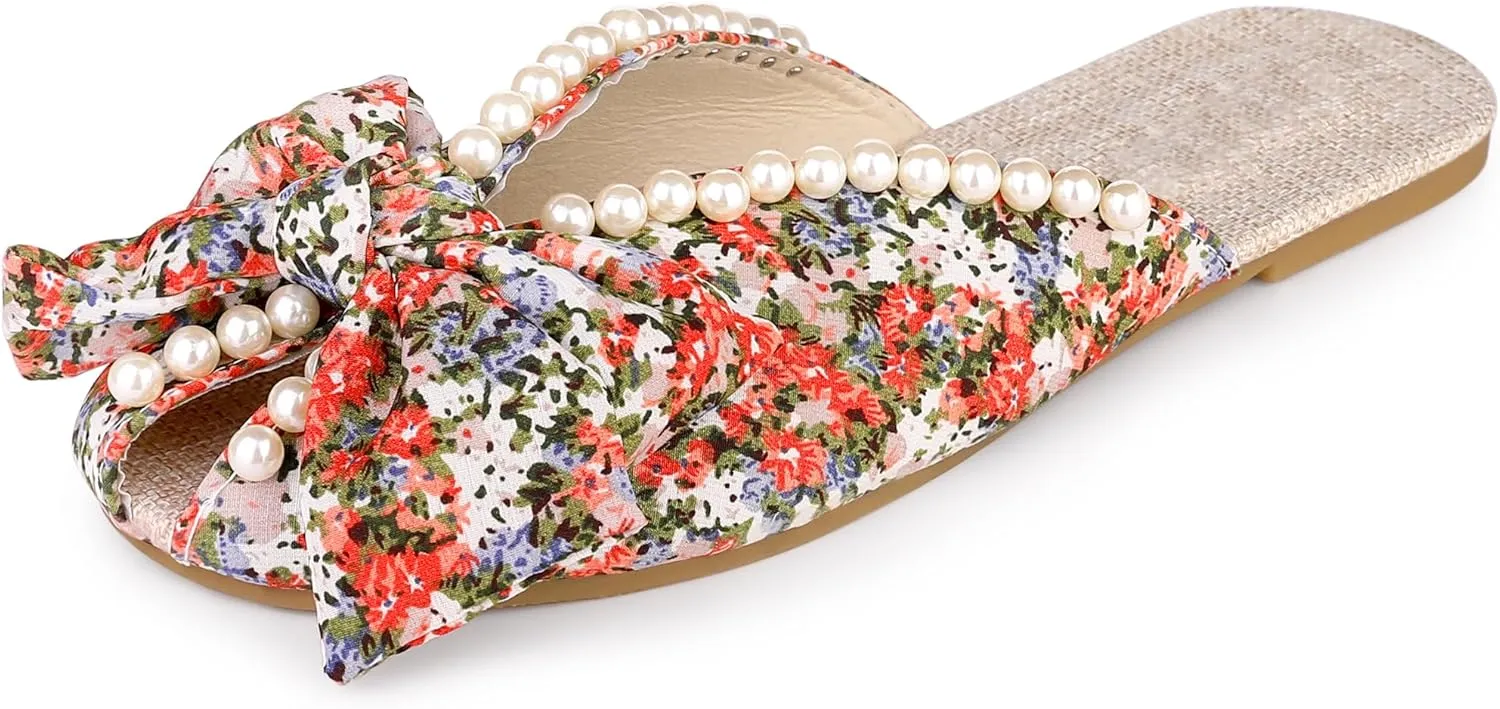 Perphy Floral Printed Peep Toe Slip on Pearl Flat Shoes Slides Mules for Women