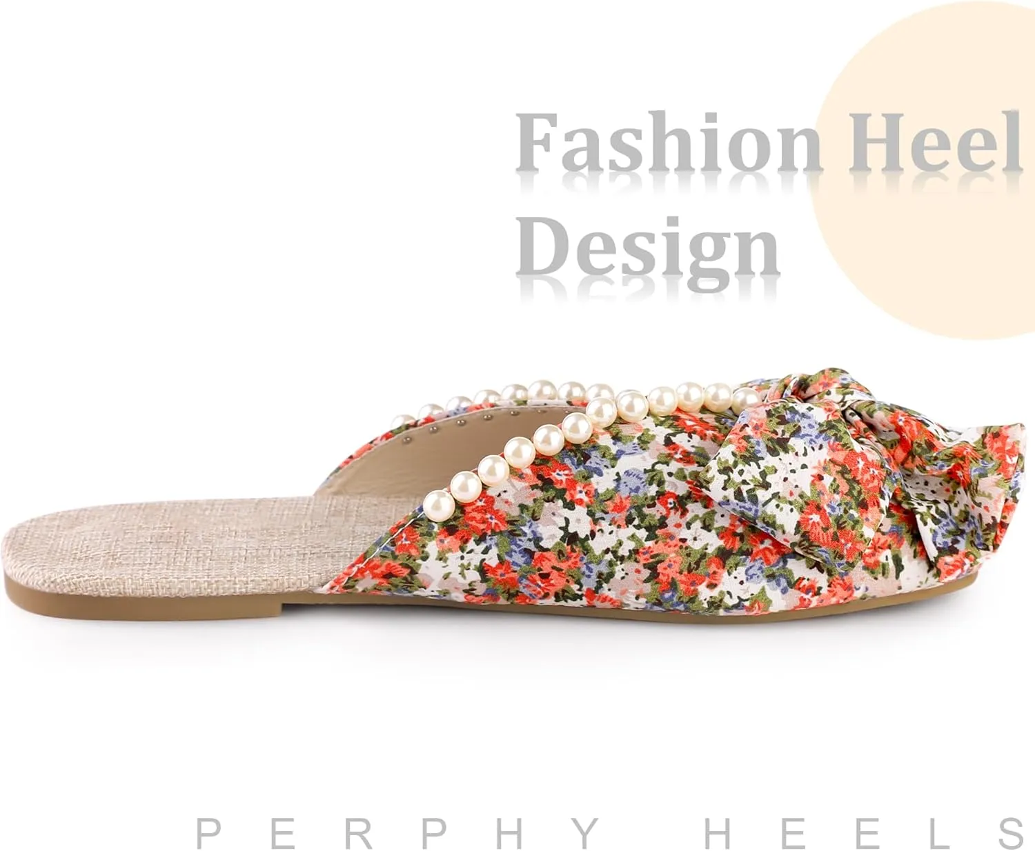 Perphy Floral Printed Peep Toe Slip on Pearl Flat Shoes Slides Mules for Women