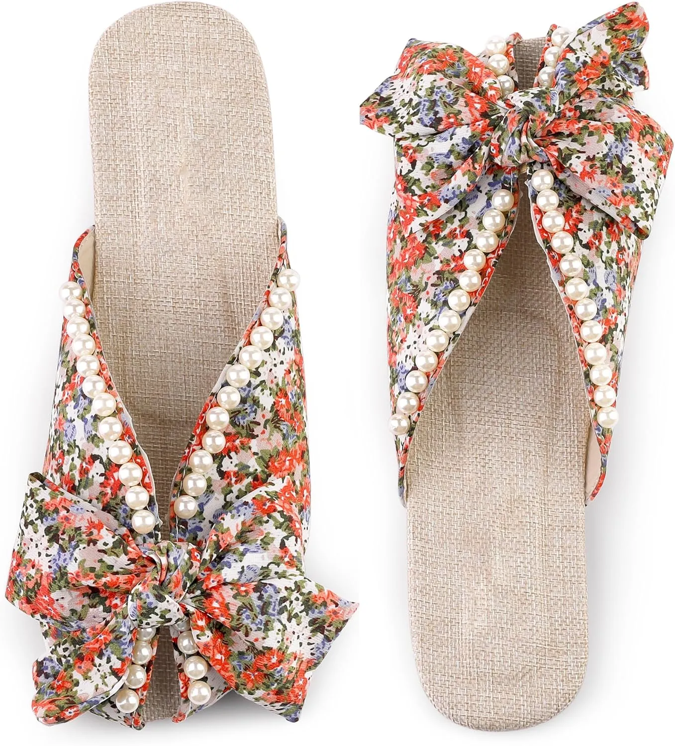Perphy Floral Printed Peep Toe Slip on Pearl Flat Shoes Slides Mules for Women