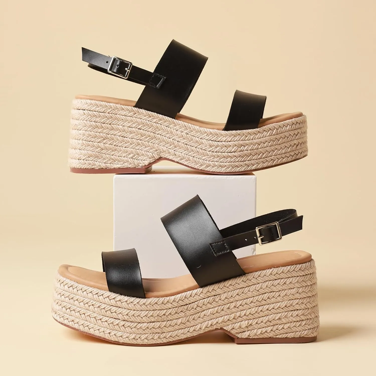 Platform Sandals Women Open Toe Ankle Strap Summer Wedge Espadrille Sandals Cute Beach Straw Raffia Woven Sandals Comfortable Vacation Dress Shoes