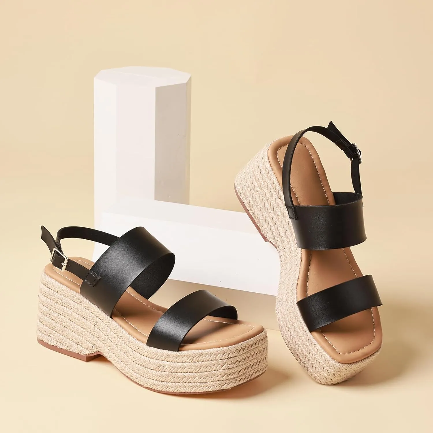 Platform Sandals Women Open Toe Ankle Strap Summer Wedge Espadrille Sandals Cute Beach Straw Raffia Woven Sandals Comfortable Vacation Dress Shoes