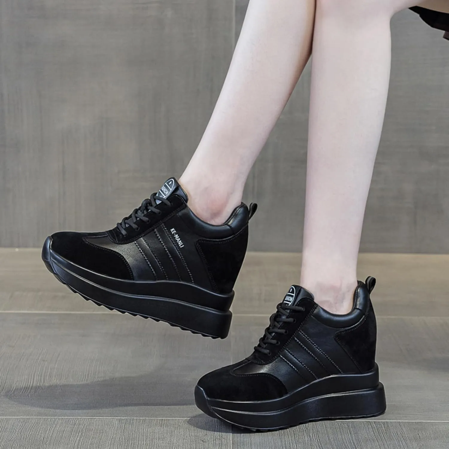 Platform Sneakers for Women - High Hidden Heel Wedge Fashion Leather Chunky Lace up Wedge Tennis Shoes Increasing 3.94 inch