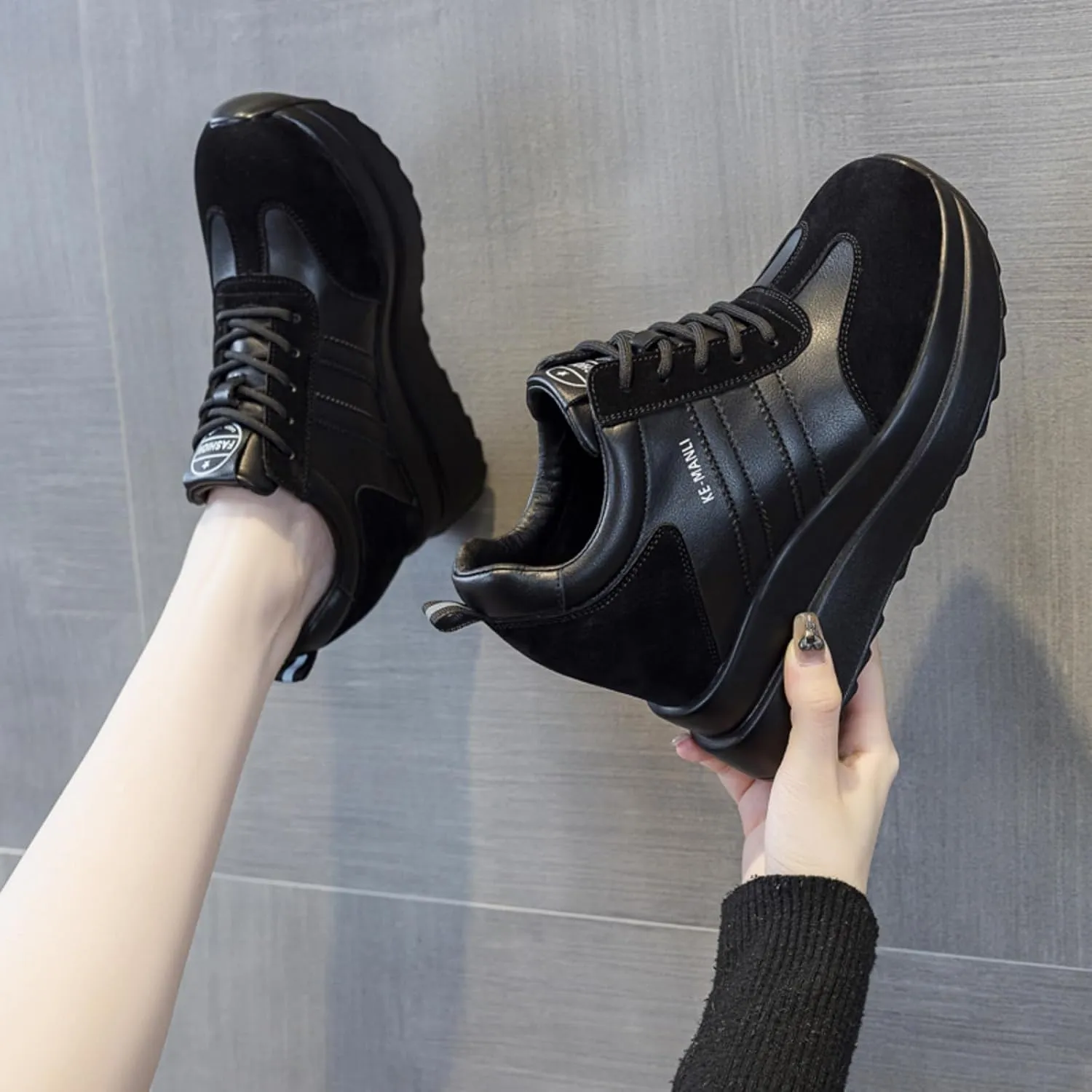 Platform Sneakers for Women - High Hidden Heel Wedge Fashion Leather Chunky Lace up Wedge Tennis Shoes Increasing 3.94 inch