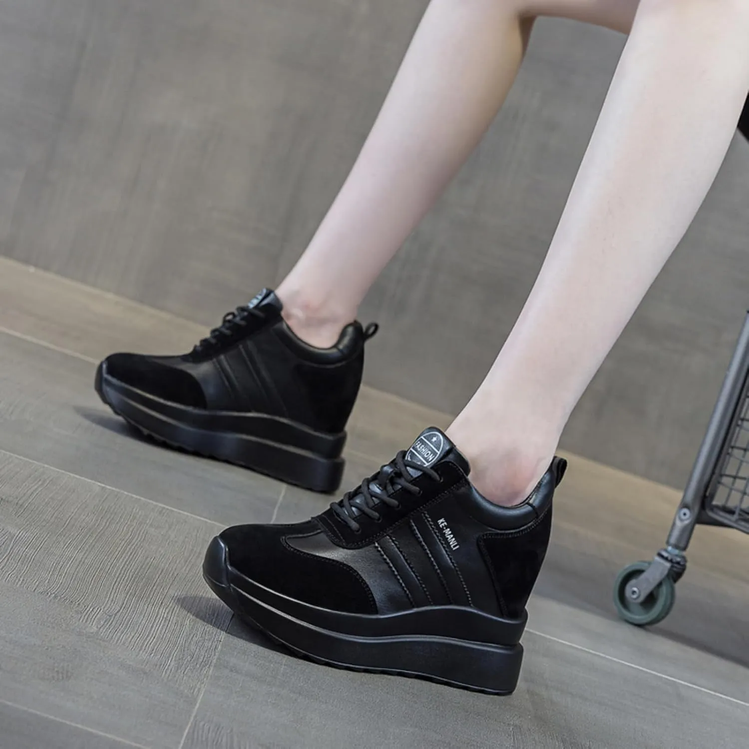 Platform Sneakers for Women - High Hidden Heel Wedge Fashion Leather Chunky Lace up Wedge Tennis Shoes Increasing 3.94 inch