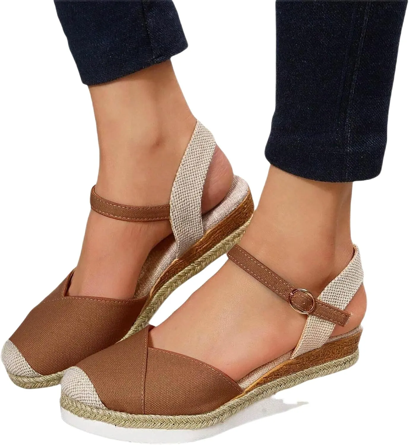 Platform Wedge Sandals for Women Summer Dressy Color Block Ankle Strap Closed Toe Espadrille Wedge Sandals Casual Beach Shoes