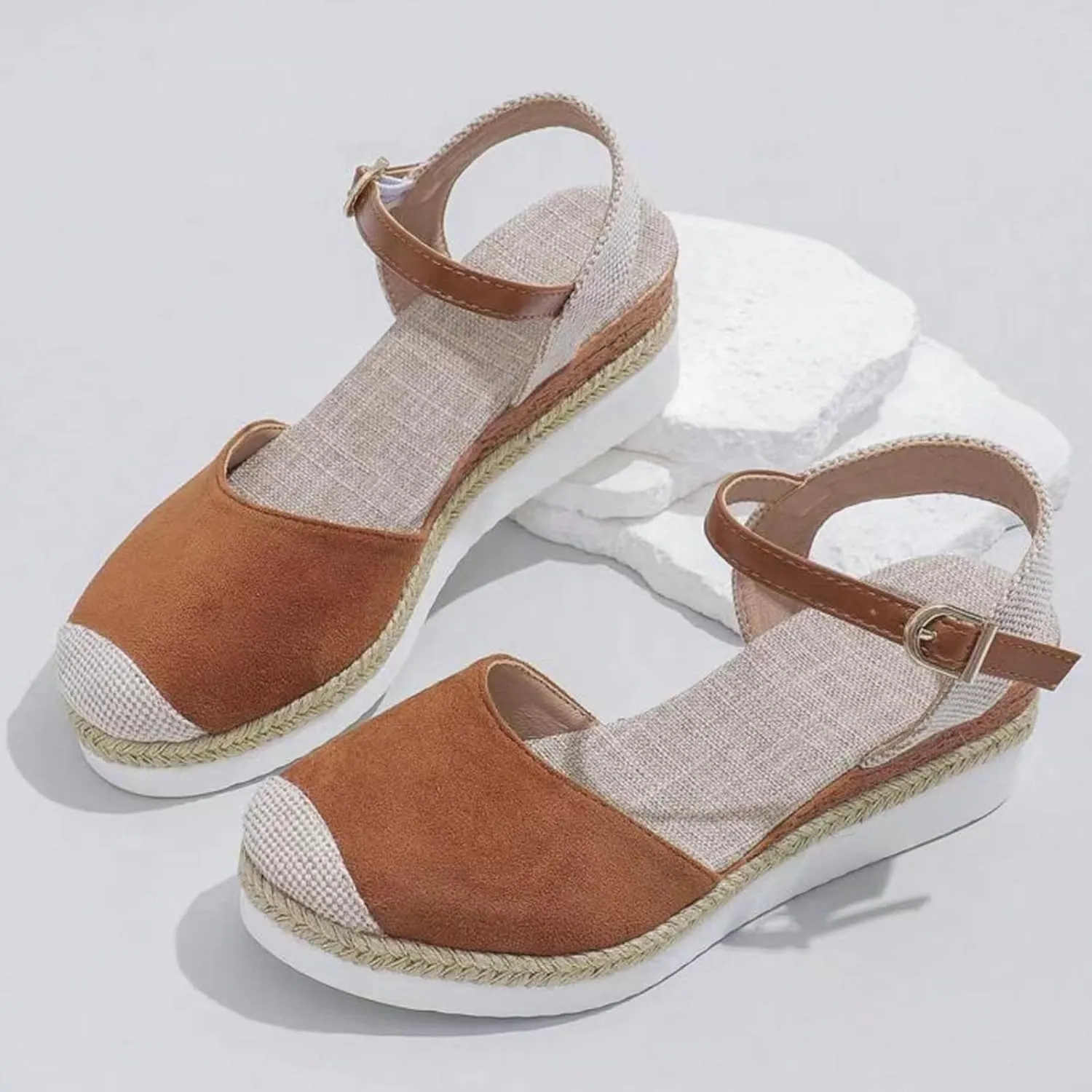 Platform Wedge Sandals for Women Summer Dressy Color Block Ankle Strap Closed Toe Espadrille Wedge Sandals Casual Beach Shoes