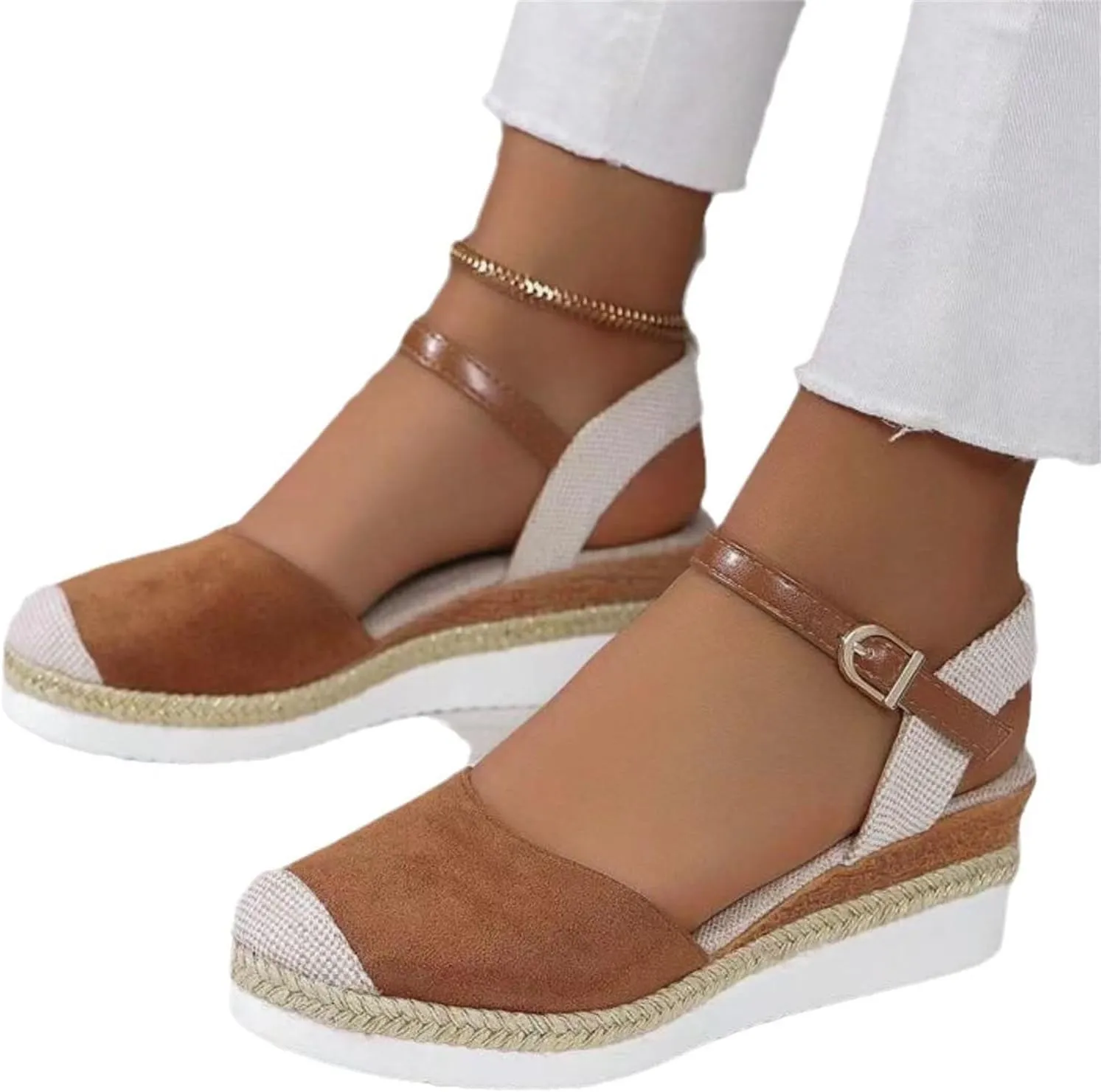 Platform Wedge Sandals for Women Summer Dressy Color Block Ankle Strap Closed Toe Espadrille Wedge Sandals Casual Beach Shoes