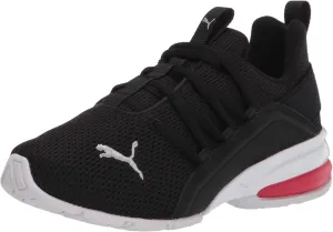 PUMA Unisex-Child Axelion Mesh Sneaker, 3Little Kid, Black Silver-High Risk Red