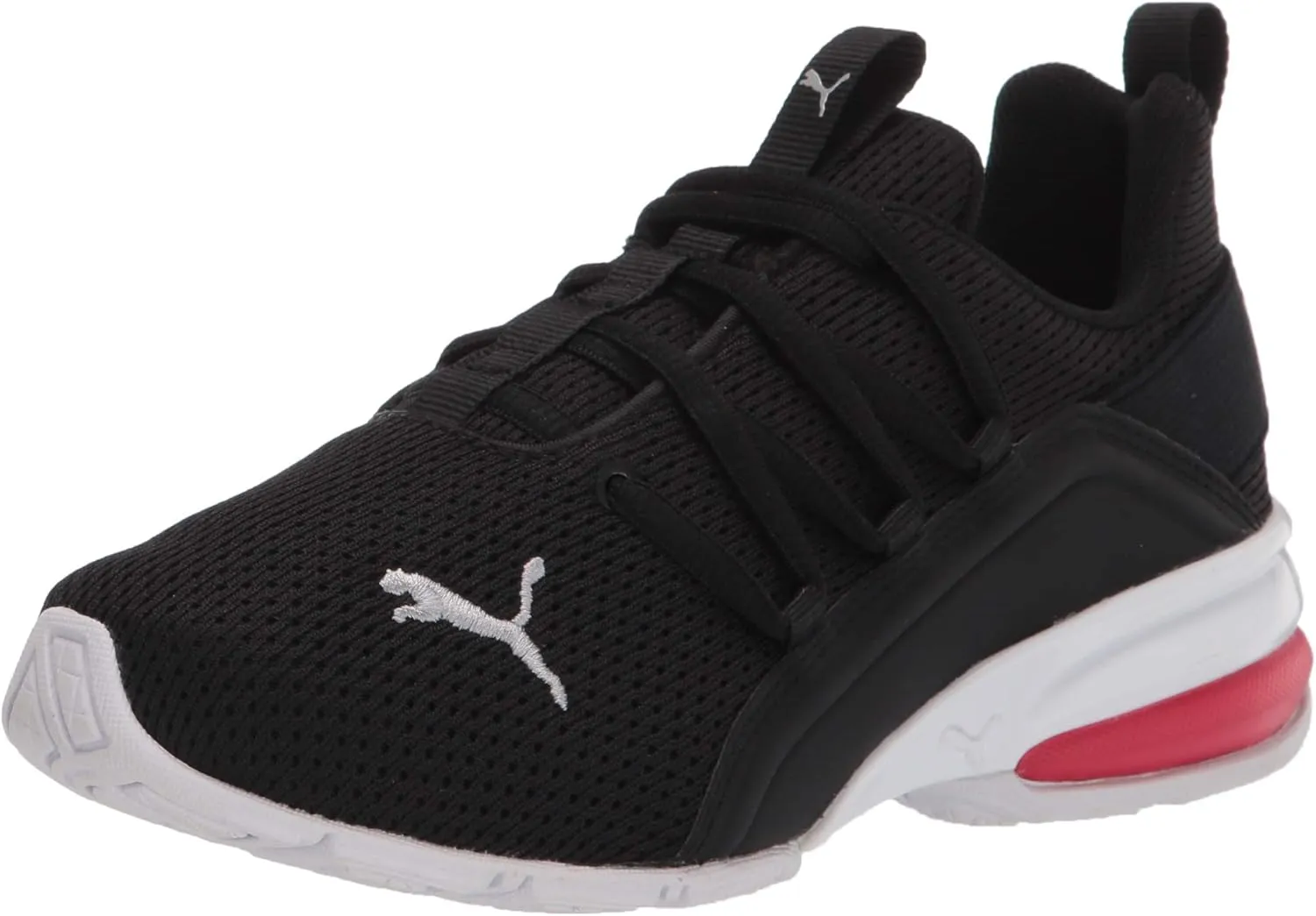 PUMA Unisex-Child Axelion Mesh Sneaker, 3Little Kid, Black Silver-High Risk Red