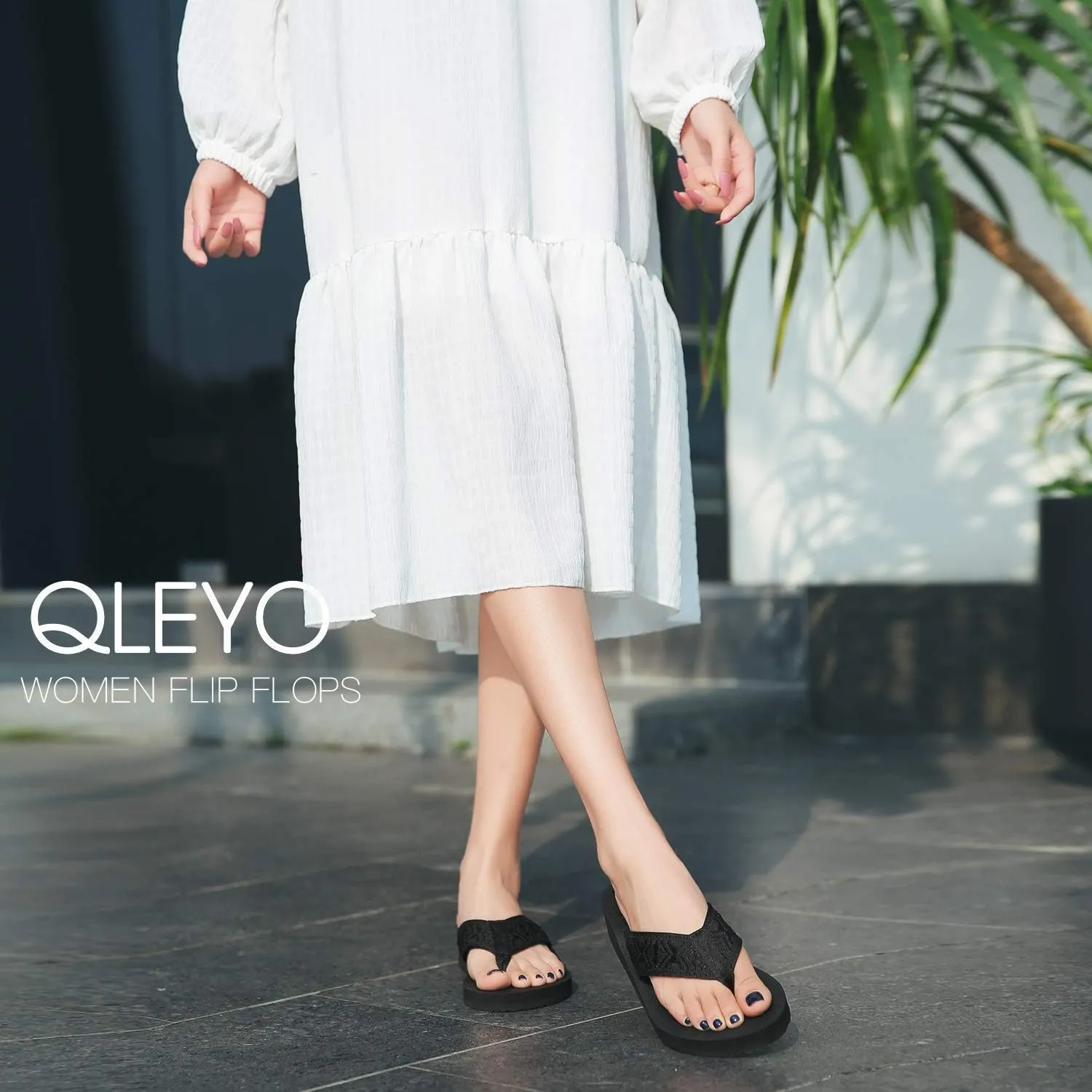 QLEYO Women's Platform Flip Flop with Arch Support, Comfortable Yoga Mat Wedge Flip-Flops, Athletic Walking Thong Slippers for Vacation/Shopping Mall/Wandering/Gathering
