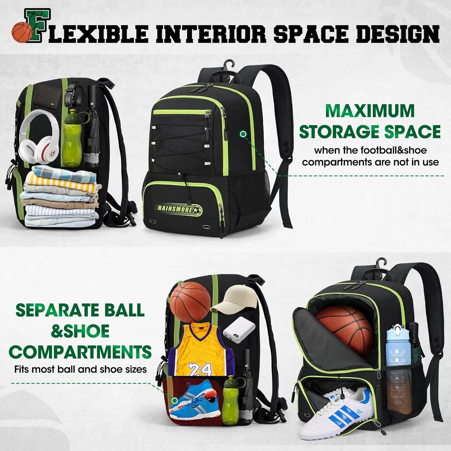 Rainsmore Basketball Bag Backpack with Separate Ball Holder & Shoe Compartment - Water Resistant Sports Equipment Bag for Volleyball, Soccer & Gym