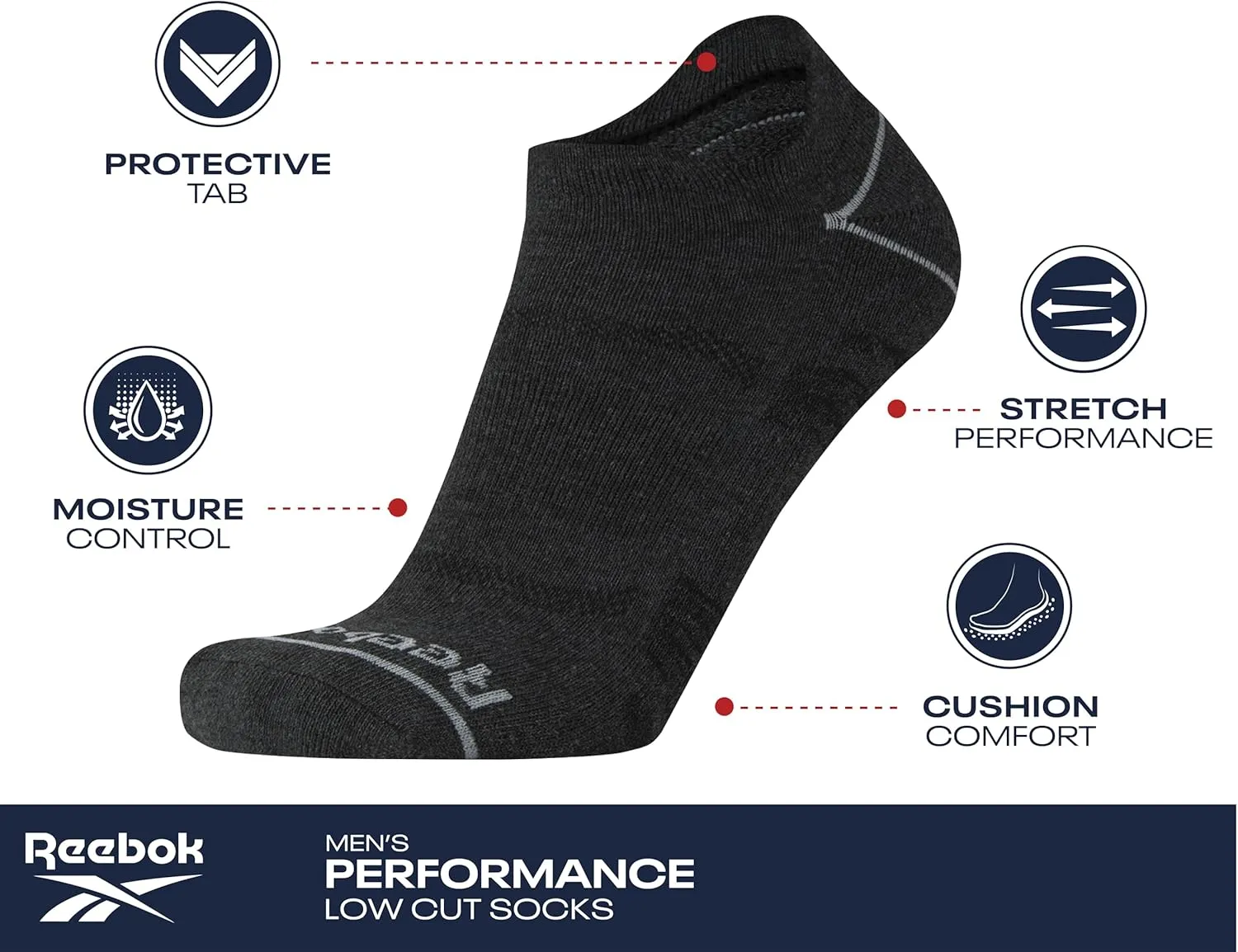 Reebok Mens Low Cut Socks - 8 Pack Stretch Performance Basic No Show - Flat Athletic Socks for Men (Shoe Size 6-12.5)