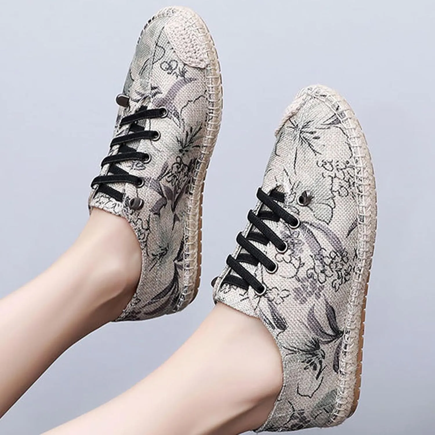 Retro Women's Lace Up Linen Shoes, Fashion Traditional Chinese Flat Heel Casual Footwear, Slip on Soft Breathable Flat Shoes,7,B