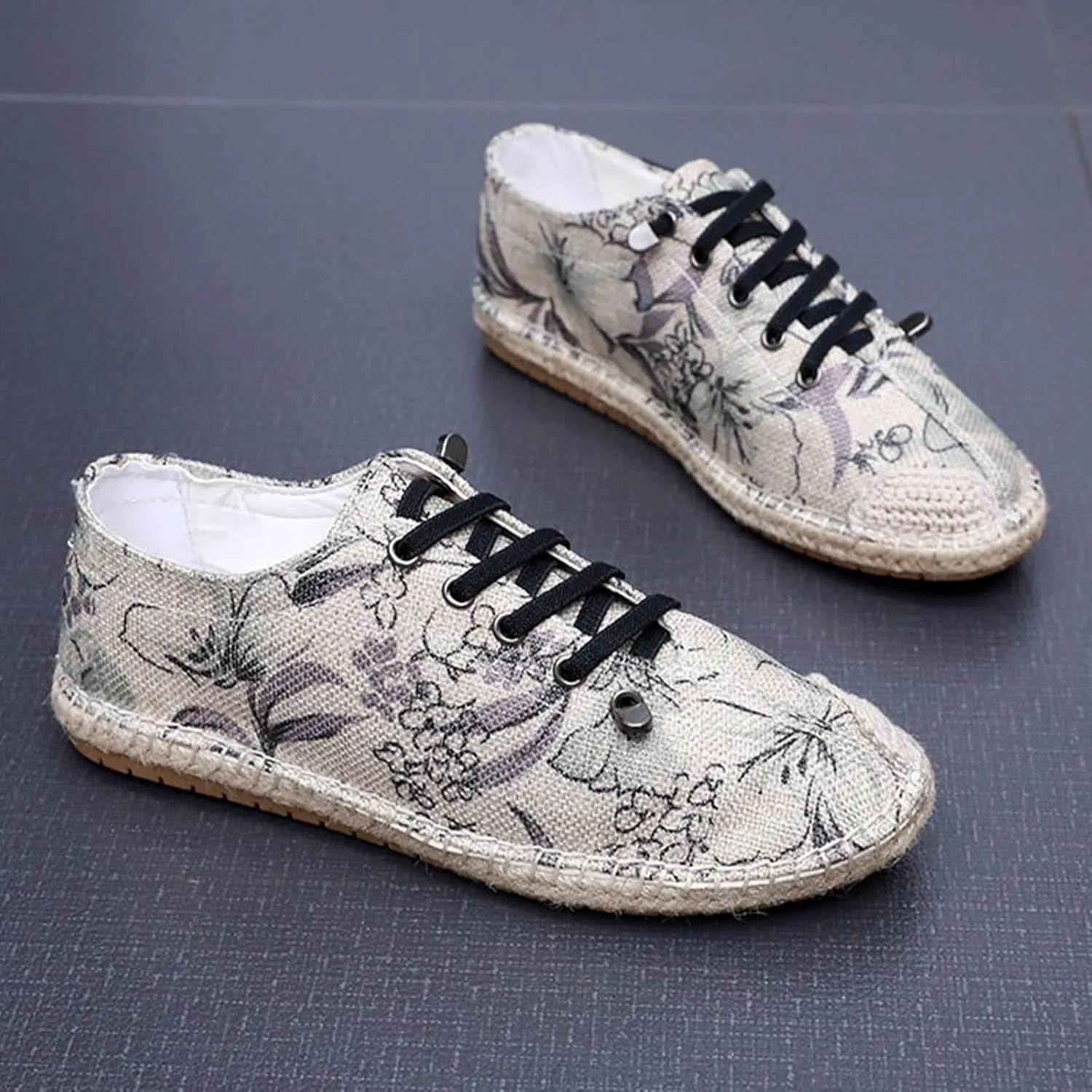 Retro Women's Lace Up Linen Shoes, Fashion Traditional Chinese Flat Heel Casual Footwear, Slip on Soft Breathable Flat Shoes,7,B